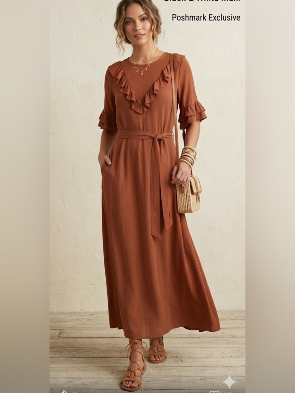 Sweet Salt Rust Brown Ruffle Maxi Dress 4 with Belt & Pockets Size 4 Ruffle